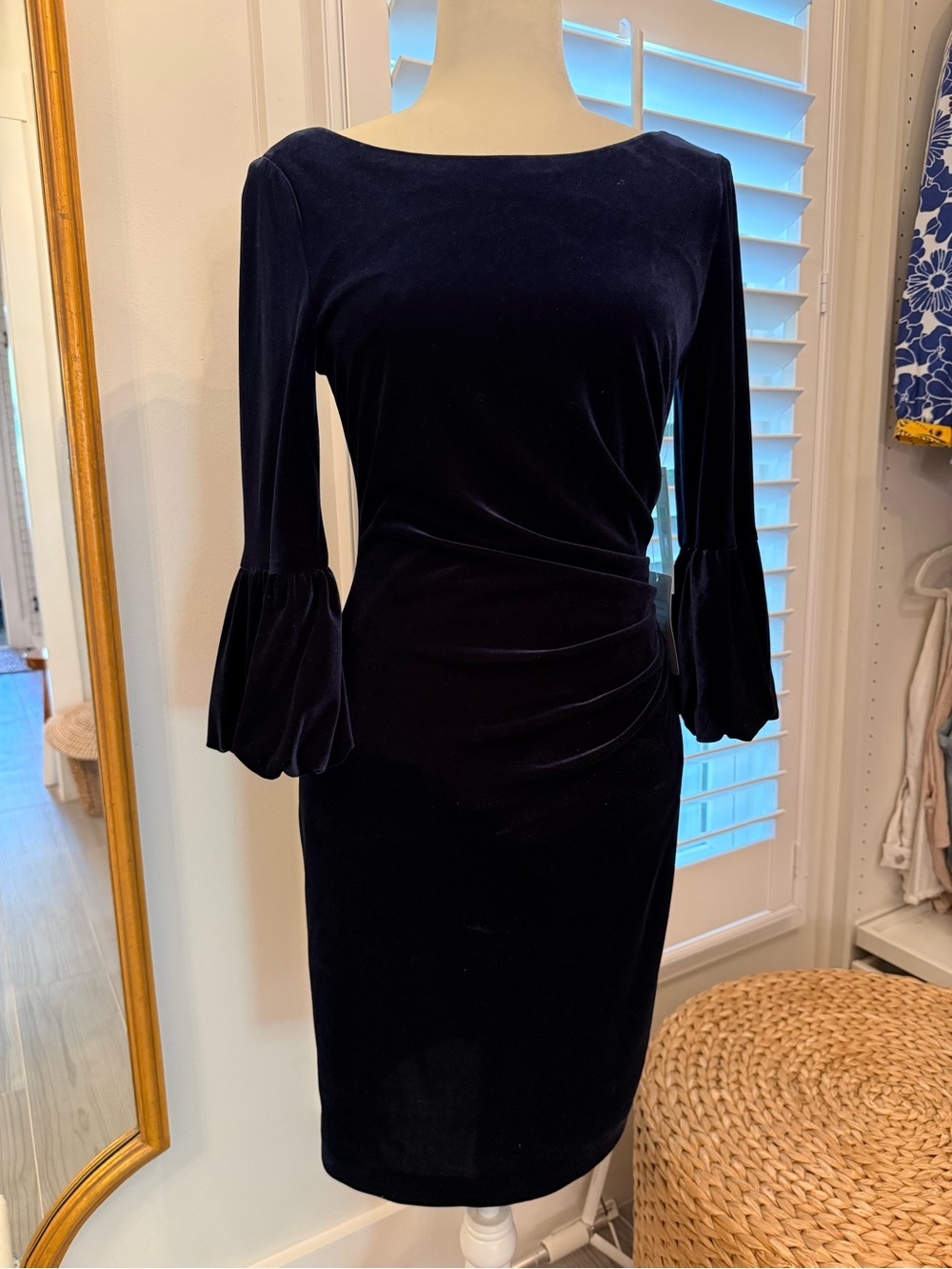 Eliza J Navy Velvet Ruched Midi Dress with Belled Sleeves Cocktail Dress